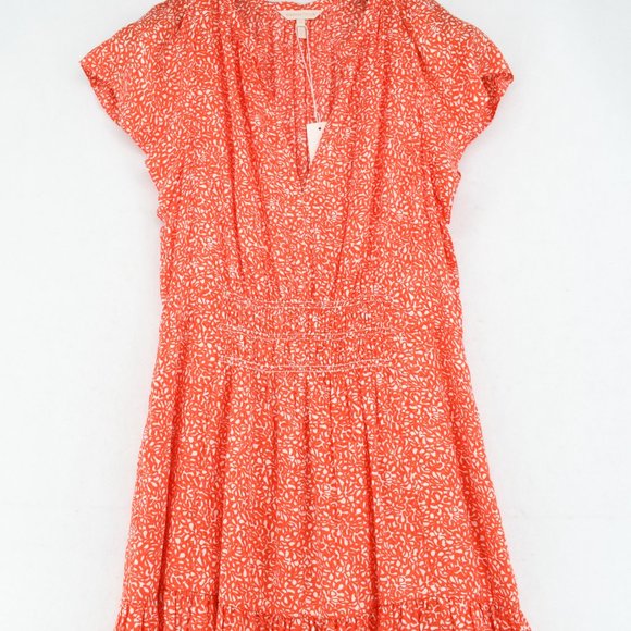 Rebecca Taylor Womens Red Smocked V-Neck Short Sleeve Printed Mini Dress Size 4 - Picture 6 of 8